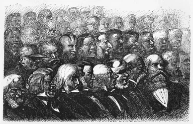 Los Miembros de la Sociedad Geográfica Real de Londres, ilustración de 